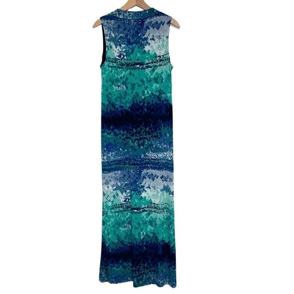 Donna Ricco 14 blue green abstract print sleeveless v-neck maxi dress - Picture 2 of 8